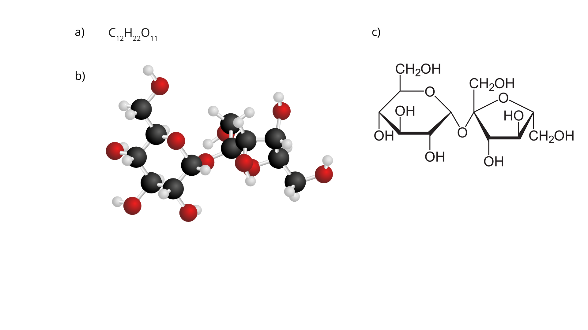 Ilustracja przedstawia wzór strukturalny sacharozy - Structural formula of sucrose ce dwanaście ha dwadzieścia dwa o jedenaście, model cząsteczki -Sucrose molecule model, model uproszczony cząsteczki sacharozy - Haworth formula of molecule.