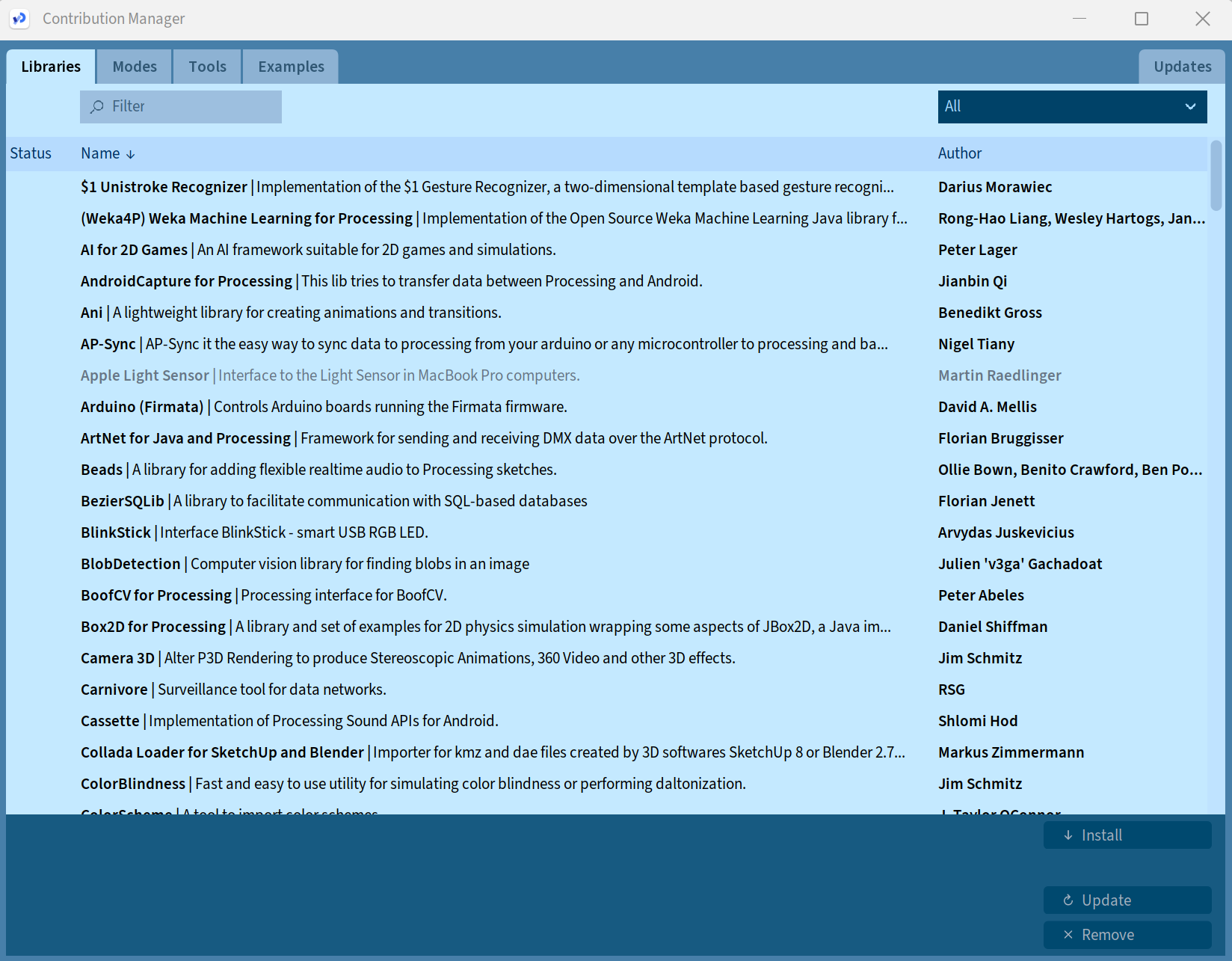 Ilustracja przedstawia okno zmiany biblioteki. W górnej części okna znajdują się cztery zakładki: , , , . Aktywna jest pierwsza zakładka od lewej. Poniżej znajduje się lista bibliotek. Na przykład. $1 Unistroke Recognizer. Niżej.  (Weka4P) Weka Machine Learning for Processing. Niżej. Al. For 2D Games. Następnie. AndroidCapture for Processing. Następnie. Ani. Oraz. AP‑SYNC.