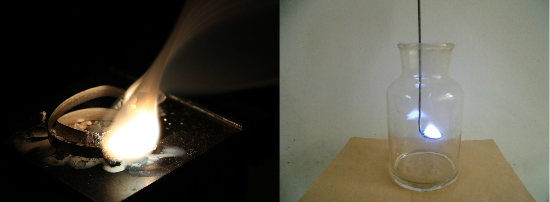 Grafika składa się z dwóch zdjęć. Po lewej stronie znajduje się zdjęcie przedstawiające spalanie wstążki magnezowej na powietrzu, która spala się oślepiającym białym płomieniem. Po prawej stronie znajduje się zdjęcie przedstawiające spalanie siarki w kolbie stożkowej. W wysokiej szklanej przezroczystej kolbie umieszczona jest ciemna metalowa łyżeczka, na której znajduje się niebieski okrągły płomień.