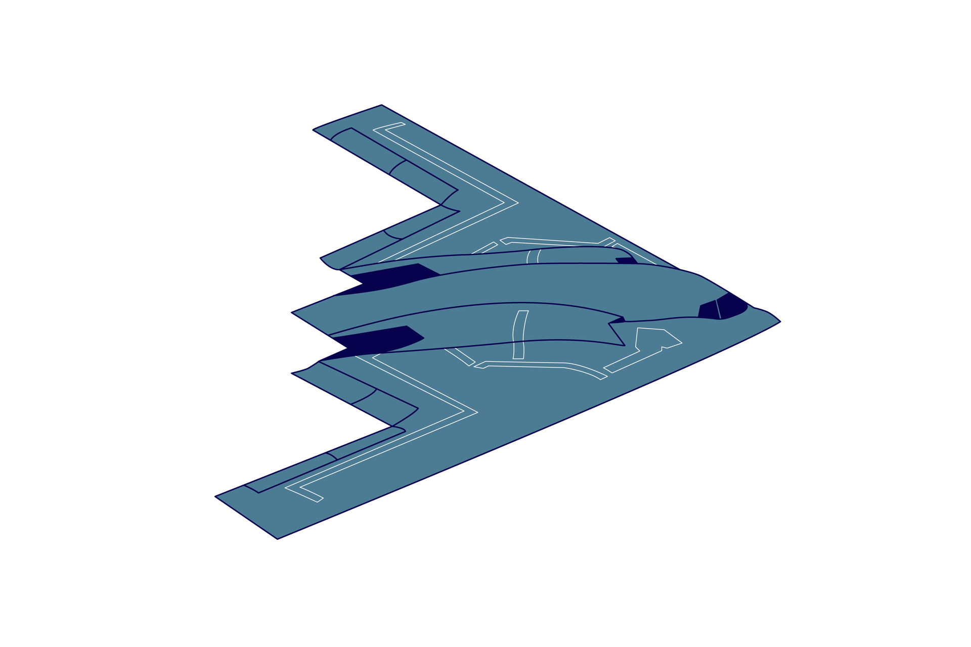 Ilustracja przedstawia niewykrywalny dla radarów bombowiec w układzie latającego skrzydła. Kadłub nie jest wyraźnie oddzielną częścią samolotu. Skrzydła stanowią większą część konstrukcji samolotu. Nie ma widocznych stateczników pionowych ani ogona.