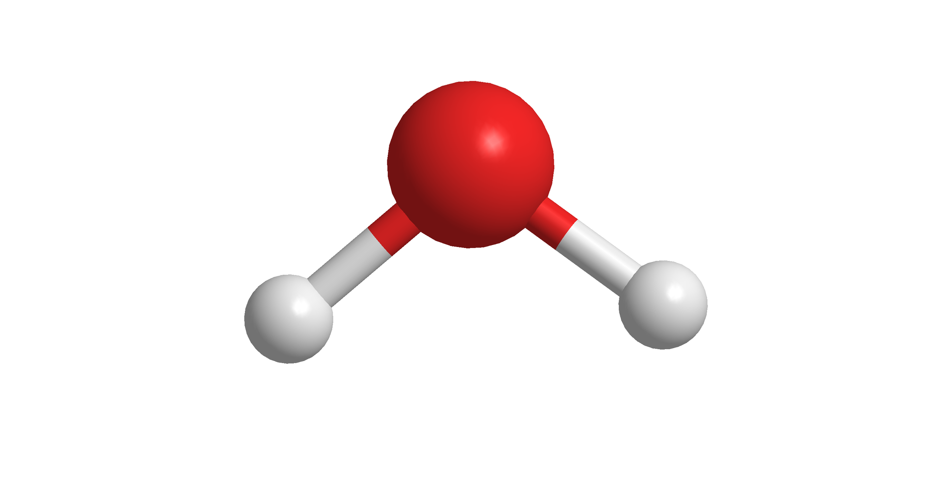 Ilustracja przedstawiająca model kulkowy cząsteczki wody. Dwa tomy wodoru symbolizowane przez małe, białe kulki związane są za pomocą wiązań pojedynczych z atomem tlenu symbolizowanym przez większą czerwoną kulkę. Kąt pomiędzy HOH wynosi 104,5 stopnia.