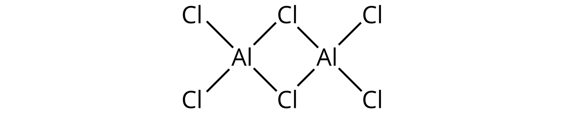 Na ilustracji znajdują się dwa atomy glinu oraz sześć atomów chloru. Każdy atom glinu tworzy cztery wiązania pojedyncze z czterema atomami chloru, ponadto dwa atomy chloru tworzą wiązania z obydwoma atomami glinu.