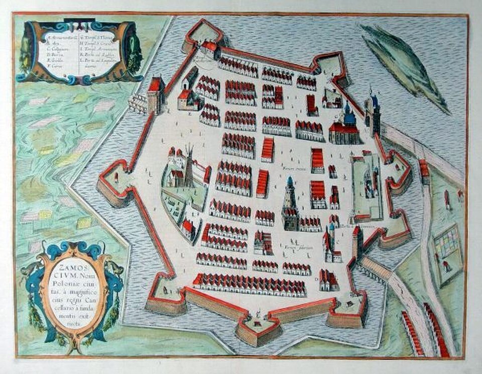 Plan Zamościa z okresu renesansu. Widok z góry. Zaznaczono układ ulic i budowli oraz mury miasta.