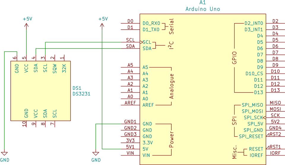 Ilustracja przedstawia schemat elektryczny połączeń Arduino Uno i modułu DS3231. Pin arduino 5V podłączono do węzła +5V, pin GND podłączono do węzła GND. Pin SCL podłączono do pinu 3 SCL modułu, pin SDA arduino podłączono do pinu 4 SDA modułu. Pin 6 GND podłączono do węzła GND, pin 5 VCC podłączono do węzła +5V.