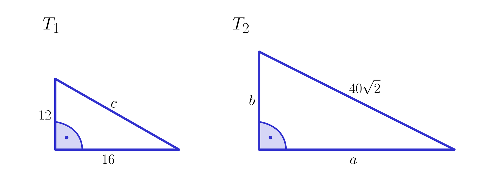 Na ilustracji przedstawiono dwa trójkąty prostokątne, które są względem siebie podobne. Mniejszy trójkąt T1, oraz większy T2. W trójkącie T1, przyprostokątne są długości 12 i 16, natomiast przeciwprostokątną oznaczono małą literą c. W trójkącie T2a, przyprostokątne oznaczono a i b, natomiast długość przeciwprostokątnej jest równa 402.