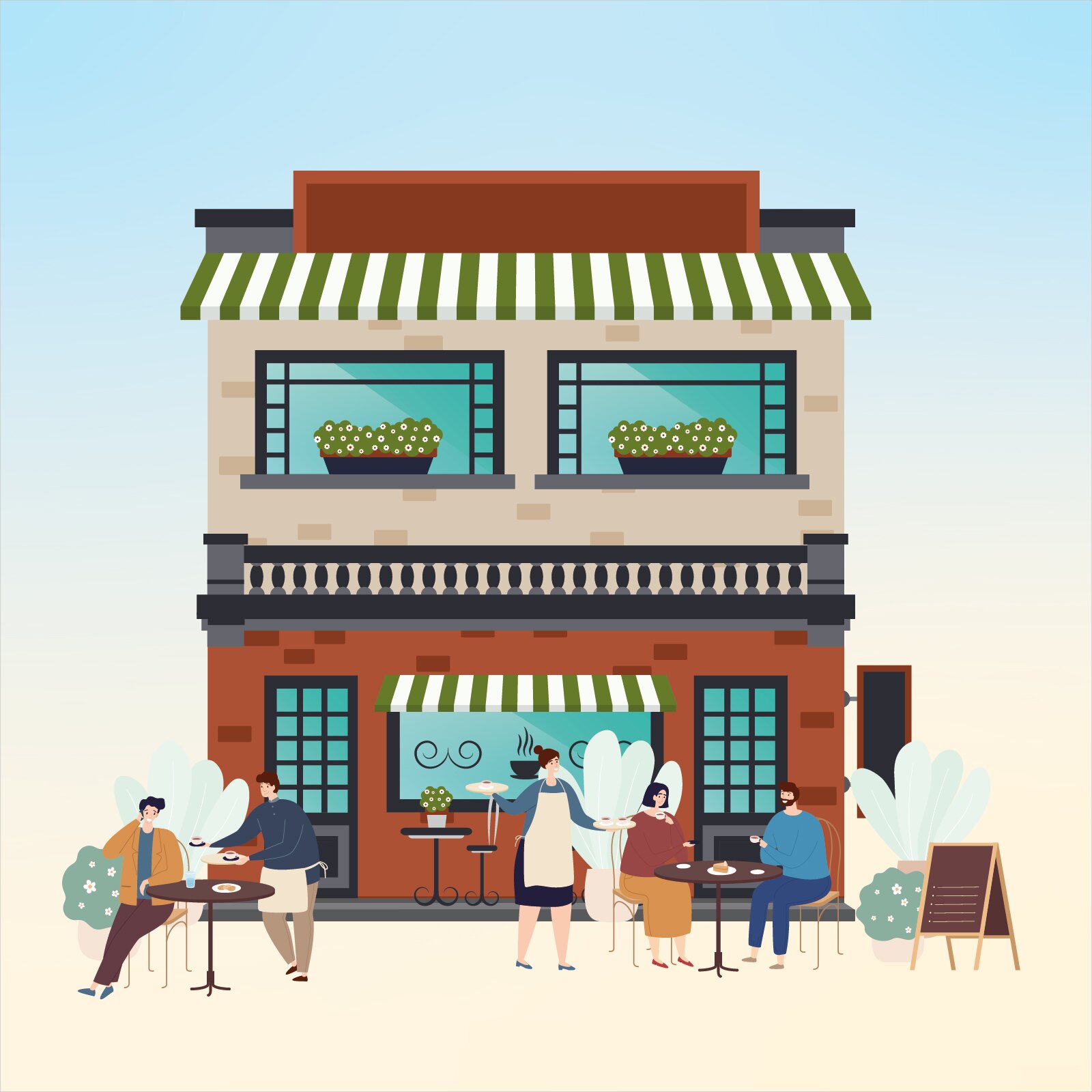 Ilustracja przedstawia dwupiętrowy budynek z markizami w biało‑zielone pasy. Na pierwszym piętrze znajdują się dwa okna, na których stoją kwiaty w długich doniczkach. Pierwsze piętro ma balkon z ozdobnymi barierami. Na parterze znajdują się dwa wejścia umieszczone po bokach budynku i szeroka witryna między nimi. Przed frontem budynku stoją stoliki z siedzącymi przy nich gośćmi, przy których krzątają się kelner i kelnerka. Przy restauracji stoi tabliczka z menu.