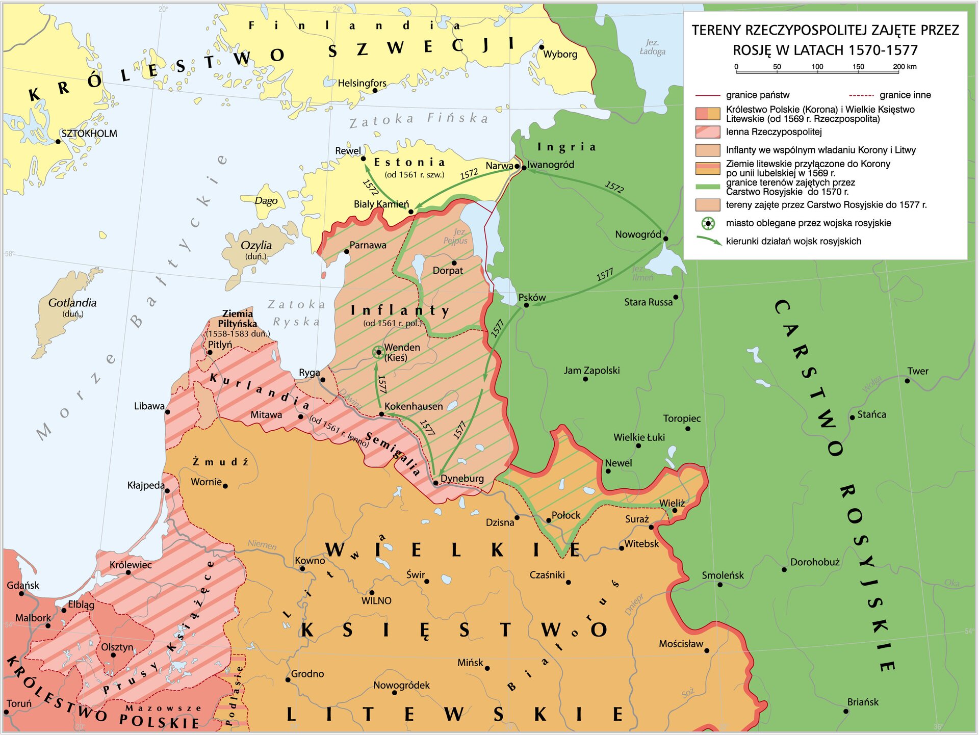 Kliknij, aby powiększyć Mapa terenów Rzeczypospolitej zajętych przez Rosję w latach 1570–1577. Zawiera informacje o ziemiach zagarniętych przez Rosję.