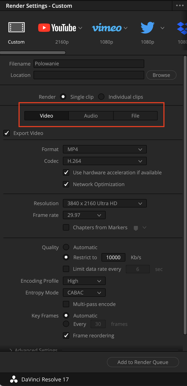 Ilustracja przedstawia okno zatytułowane Render Settings Custom. U góry spośród wielu opcji zaznaczono elementy Video, Audio oraz File, z których została wybrana opcja Video. 