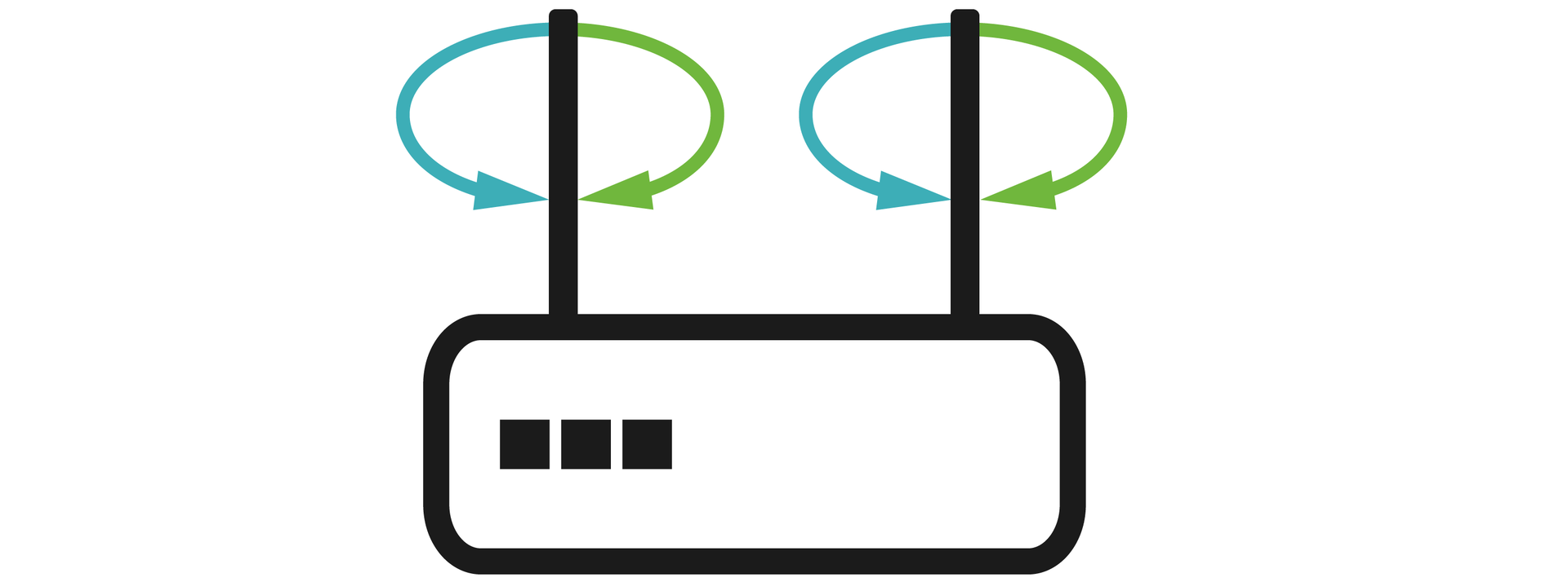 Ilustracja przedstawiająca ruter z dwiema antenami po obu stronach. Anteny skierowano w górę. Nad antenami narysowano okrągłe strzałki z dwoma grotami. Groty stykają się z antenami. 