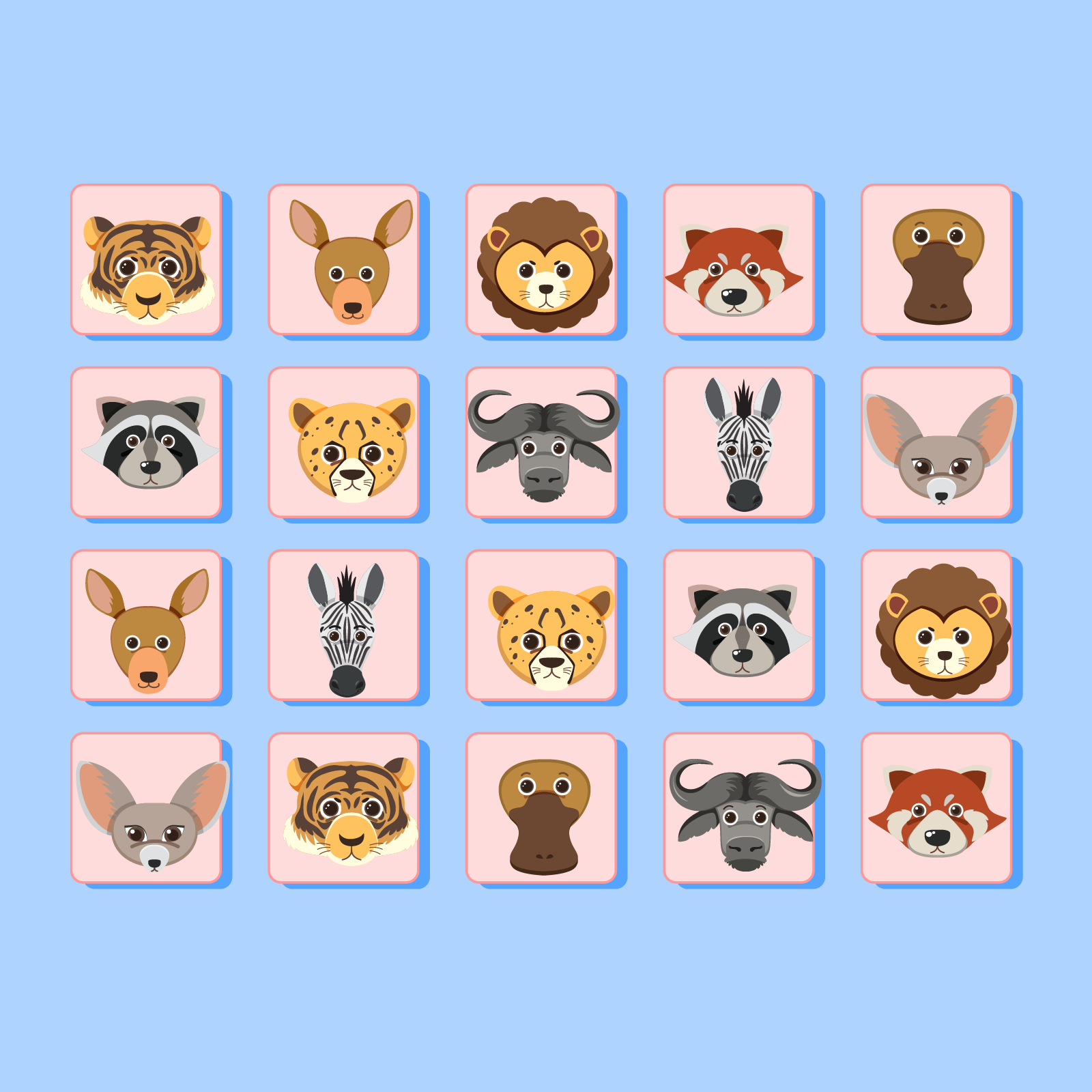 Ilustracja przedstawia 20 kwadratów z ilustracją  zwierząt. Wśród zwierząt znajdują się tygrys, lew, lis, dziobak, zebra, szop oraz mysz.
