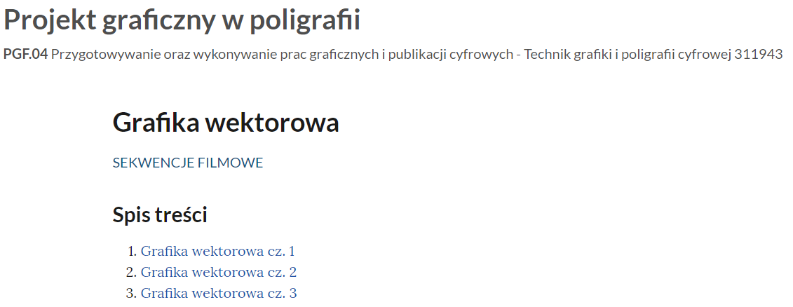 Grafika przedstawia widok spisu treści sekwencji filmowych zatytułowanych Grafika wektorowa