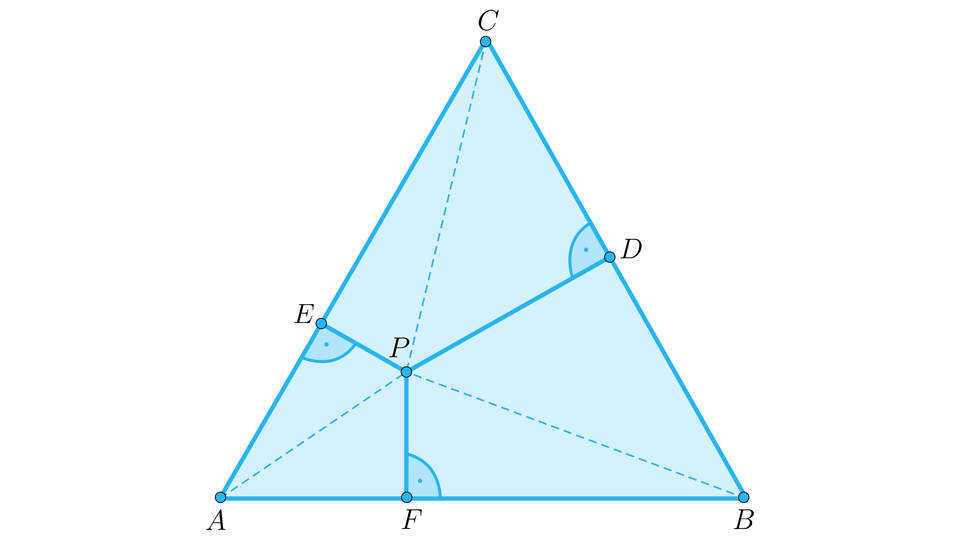 Na ilustracji przedstawiono trójkąt równoboczny A B C. Zaznaczono punkt P wewnątrz trójkąta. Na boku A C zaznaczono punkt E taki, że odcinek  E P jes prostopadły do tego boku, na boku A B zaznaczono punkt F taki, że odcinek P F jest prostopadły do tego boku oraz na boku B C zaznaczono punkt D taki, że odcinek P D jest prostopadły do tego boku.  Linią przerywaną poprowadzono odcinki łączące punkt P z każdym wierzchołkiem trójkąta.