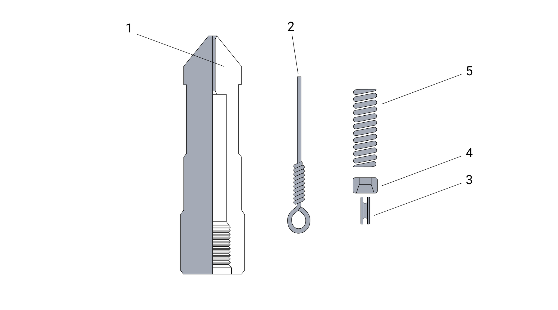 Schemat pasterki typu Knot style – łącznik, w którym część drgań przenoszonych z zestawu pomiarowego podczas zapuszczania lub wyciągania z odwiertu jest amortyzowana poprzez wewnętrzną sprężynę.   1 – obudowa, 2 – węzeł drutu,   3 – szpulka na węzeł drutu,  4 – tuleja pozycjonująca,  5 – sprężyna.