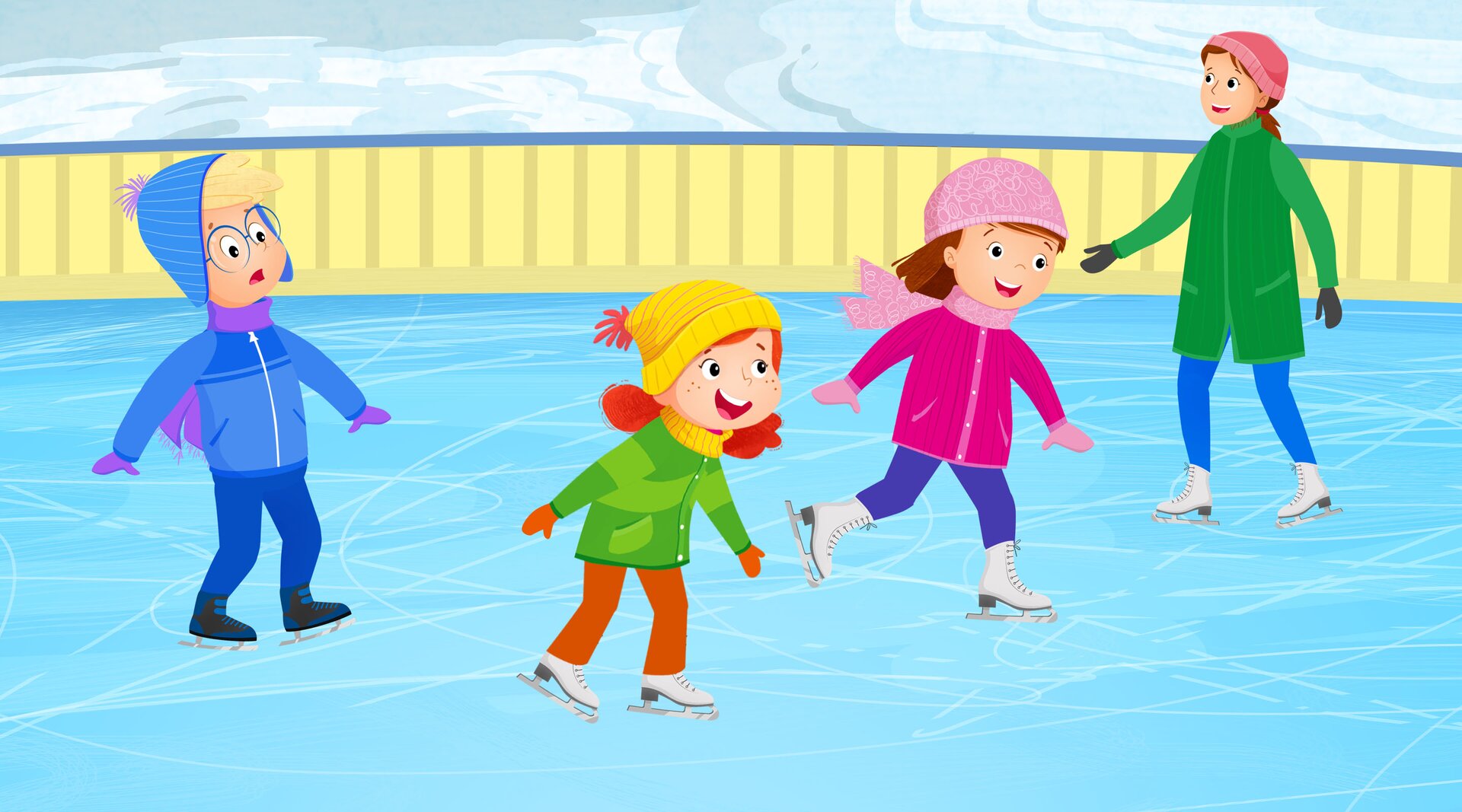Na ilustracji znajduje się rodzina jeżdżąca na łyżwach.