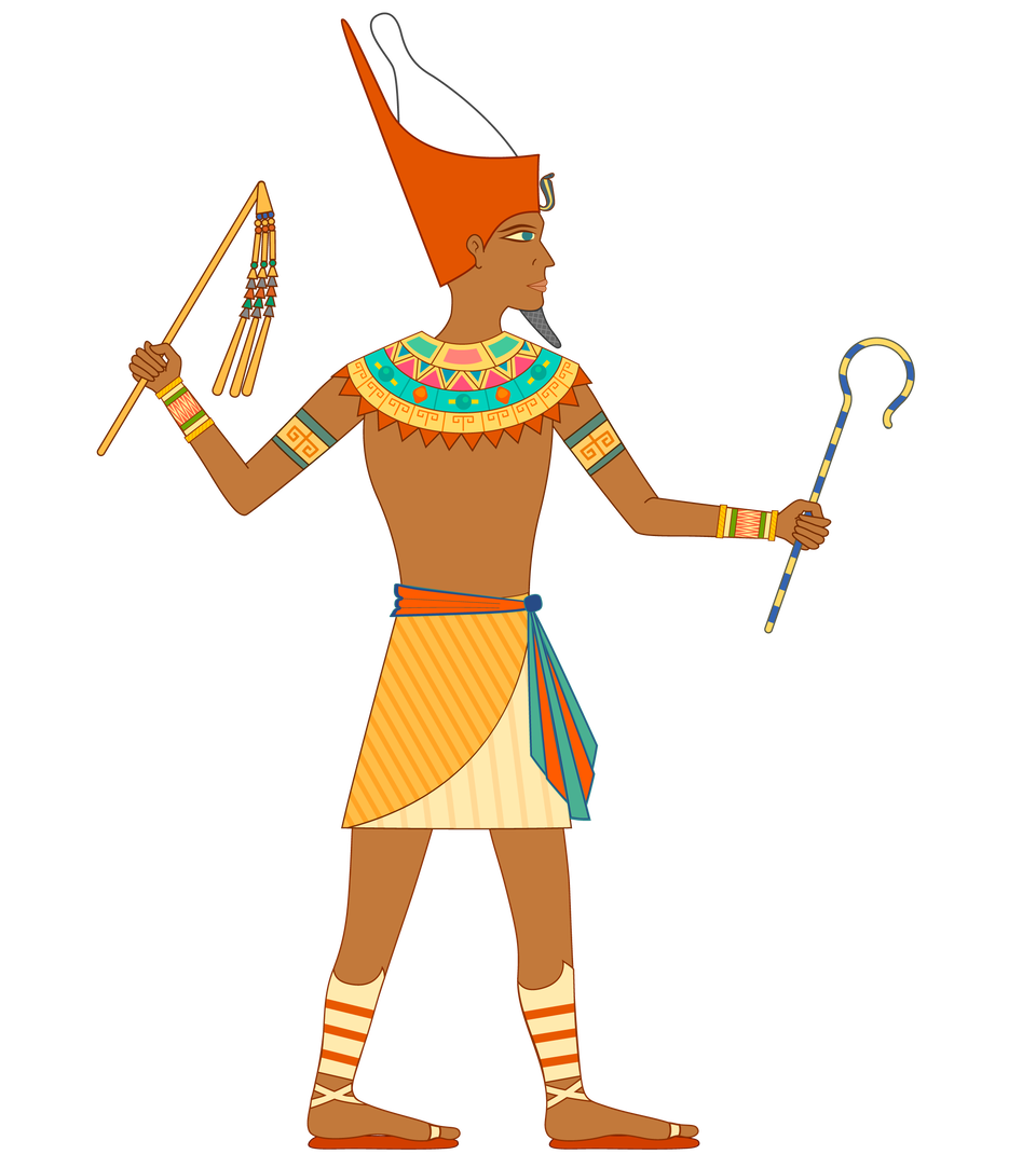 Ilustracja przedstawia sylwetkę faraona ukazaną z profilu. W dłoniach trzyma insygnia władzy królewskiej: berło i bicz. Na głowie ma pomarańczową koronę z ureuszem. Jest przepasany beżowo‑pomarańczową tuniką. Na stopach ma założone sandały. Szyję zdobi kolia wysadzana kamieniami w kolorze lazurowym, pomarańczowym, złotym, białym i różowym oraz zdobiona trójkątnymi wypustami w kolorze złotym. Na nadgarstkach i ramionach założone ma bransolety w kolorach złotym i lazurowym.