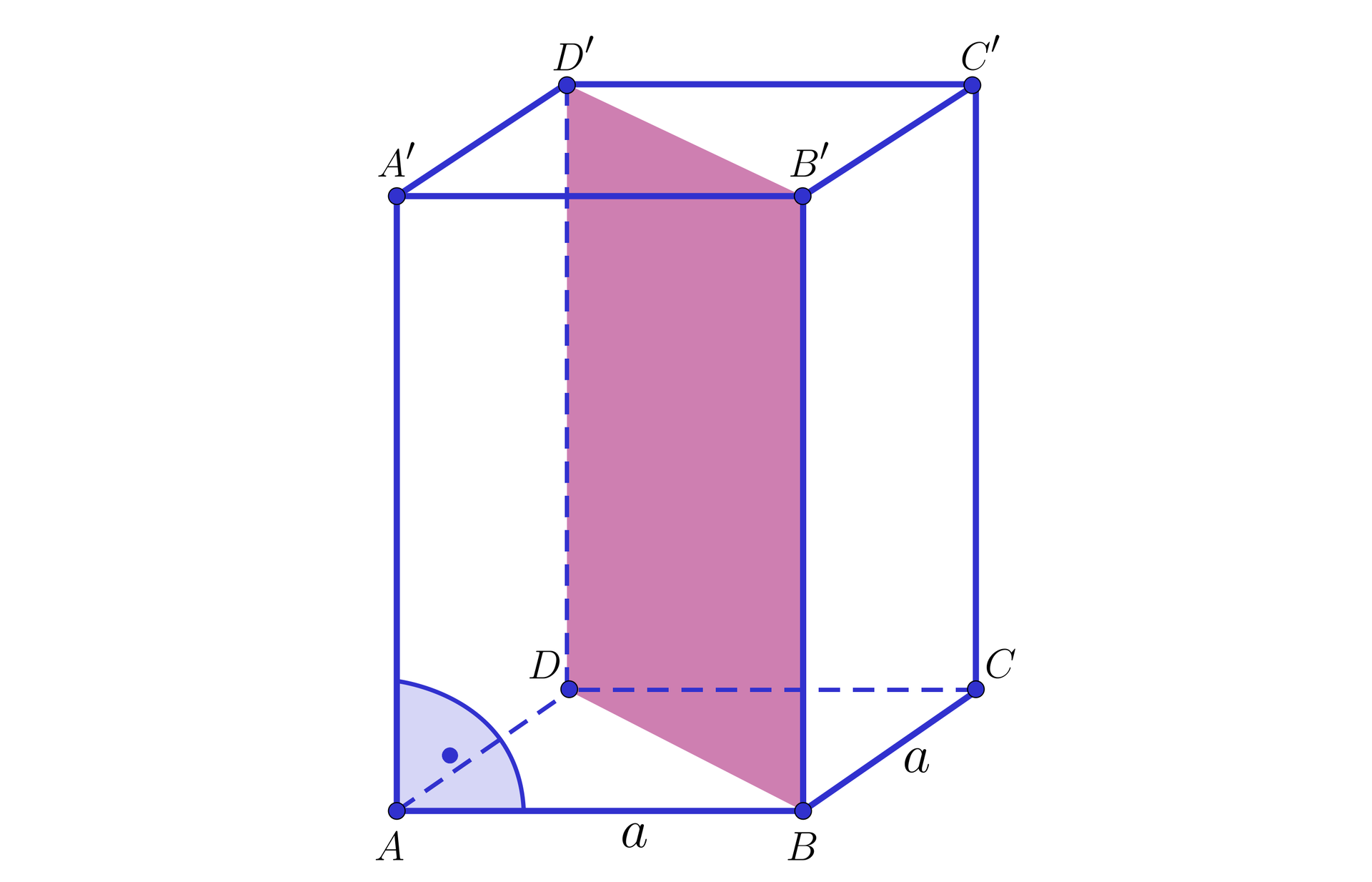 Na ilustracji przedstawiono graniastosłup prawidłowy czworokątny o podstawie dolnej ABCD oraz górnej A'B'C'D'. Krawędź boczna graniastosłupa tworzy z krawędzią podstawy kąt prosty. Kolorem czerwony zacieniowano prostokąt, którego krótsze boki stanowią przekątne podstaw, natomiast dłuższe boki krawędzie BB' oraz DD'.