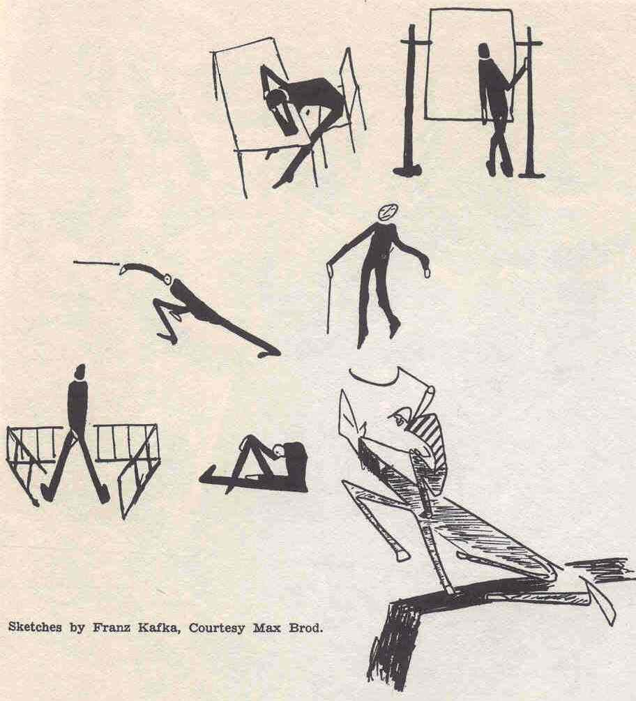 Ilustracja przedstawia schematyczne rysunki postaci narysowane czarnym kolorem na jasnym tle. Postacie znajdują się w różnych miejscach rysunku i przybierają  różne pozy. Jest postać, która rzuca przedmiotem. Jest postać która opiera głowę na rękach siedząc przy stole. Jest postać idąca o lasce. Jest postać gimnastykująca się ze zgiętą nogą w kolanie. Jest postać opierająca się o słup. Jest postać siedząca na stojącej poziomo drabinie. 