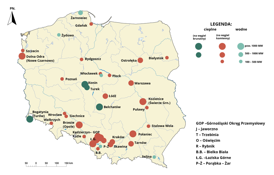 Na mapie Polski zaznaczono rozmieszczenie elektrowni. Wyróżniono elektrownie cieplne na węgiel brunatny i na węgiel kamienny oraz elektrownie wodne. Elektrownie cieplne na węgiel brunatny: Bogatynia (Turów), Bełchatów, Konin, Turek. Elektrownie na węgiel kamienny: Gdańsk, Szczecin, Dolna Odra (Nowe Czarnowo), Bydgoszcz, Ostrołęka, Białystok, Płock, Włocławek, Poznań, Łódź, Warszawa, Kozienice (Świerże Górne), Puławy, Stalowa Wola, Połaniec, Tarnów, Skawina, Kraków, Bielsko‑Biała, Łaziska Górne, Rybnik, Oświęcim, Trzebinia, Jaworzno, Brzezie (Opole), Siechnice, Wrocław, Wałbrzych, Kędzierzyn‑Koźle. Elektrownie wodne: Żarnowiec, Żydowo, Porąbka‑Żar, Solina.