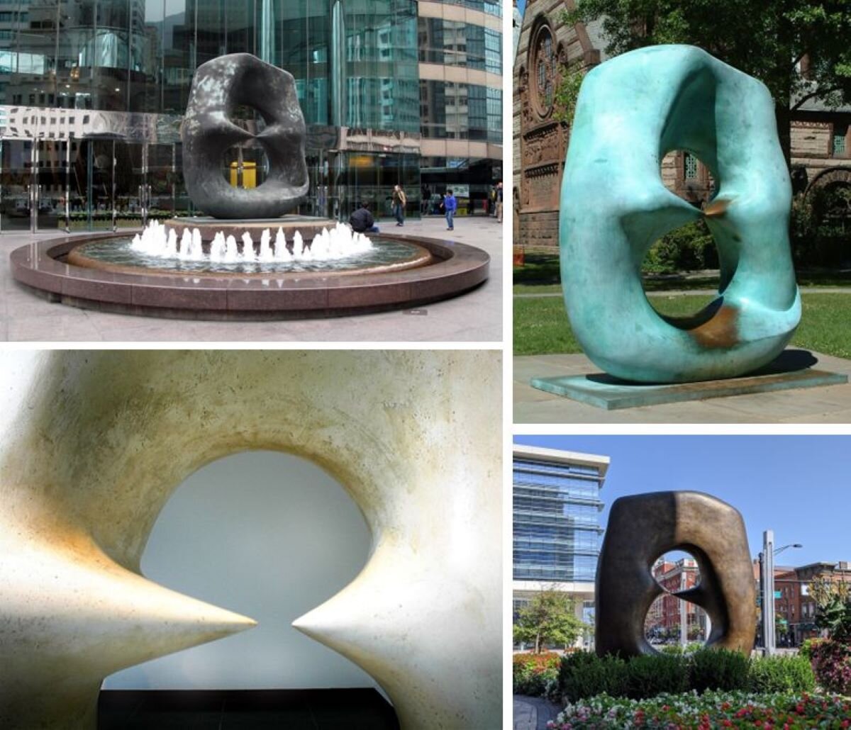 Ilustracja przedstawia fotokolaż z czterema fotografiami rzeźb Henry Moore’a „Owal z punktami”, umieszczonymi w dwóch rzędach. Od lewej na górze: rzeźba jest umieszczona na placu miejskim, na niewielkim podwyższeniu, na środku fontanny, która otacza ją z wszystkich stron; z prawej na górze: rzeźba umieszczona jest w przestrzeni parku miejskiego i jej ekspozycja sugeruje jej funkcję użytkową: jako miejsce do siedzenia – z powodu błyszczących śladów, jaki charakteryzuje wypolerowany metal. Na dole od lewej: cały kadr zajmuje zbliżenie na część środkową rzeźby – zwężenia ostro zakończone, prawie stykające się ze sobą; z prawej: rzeźba na placu miejskim, otoczona bujnymi kwiatami i niskimi zielonymi krzewami.