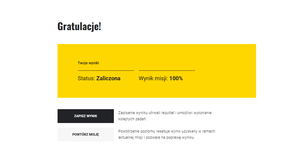 Przykładowy ekran wyniku osiągniętego w grze