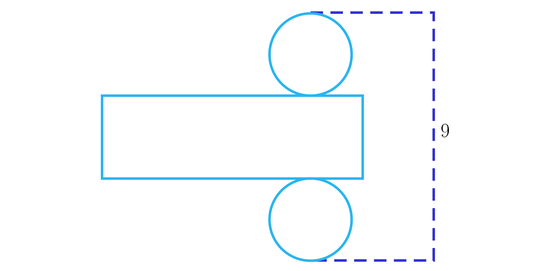 Ilustracja przedstawia siatkę walca składającą się z oraz dwóch kół stycznych do dłuższych przeciwległych boków prostokąta. Na ilustracji zaznaczony został także odcinek będący prostopadły do dłuższego boku prostokąta, łączący dwa krańcowe najbardziej oddalone od siebie punkty na obu okręgach. Odcinek ten ma długość dziewięć.