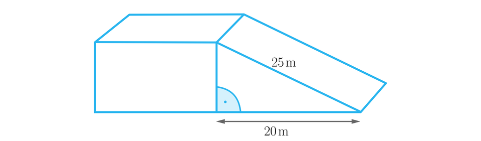 Rysunek przedstawia rzut boczny podjazdu. Składa się on z dwóch figur. Po lewej mamy prostokąt, a po prawej trójkąt prostokątny. Figury mają wspólny bok, który jest prawym pionowym bokiem prostokąta i  pionową przyprostokątną trójkąta. W trójkącie zaznaczono kąt prosty przy dolnym wspólnym z prostokątem wierzchołku .Pozioma podstawa trójkąta opisana jest długością 20 metrów, a przeciwprostokątna ma z kolei 25 metrów.