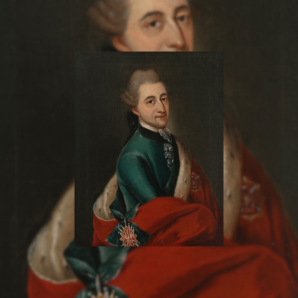 Obraz przedstawia portret mężczyzny w sile wieku ujęty do pasa,  jest ustawiony ukosem do widza, prezentując twarz w niepełnym profilu. Mężczyzna ma gładkie, dość wysokie czoło, ciemne brwi i oczy oraz lekko zarumienione policzki. Nos mężczyzny jest wydatny, usta wąskie. Na głowie ma siwą perukę, której włosy upięto z tyłu. Mężczyzna ma na sobie ciemnozielony surdut uszyty z połyskującego materiału, u szyi srebrne hafty. Przez lewe ramię ma przewieszoną szarfę z wielokątnym orderem. Na lewym ramieniu zwisa czerwony płaszcz obszyty białym futrem. Tło jest ciemne.