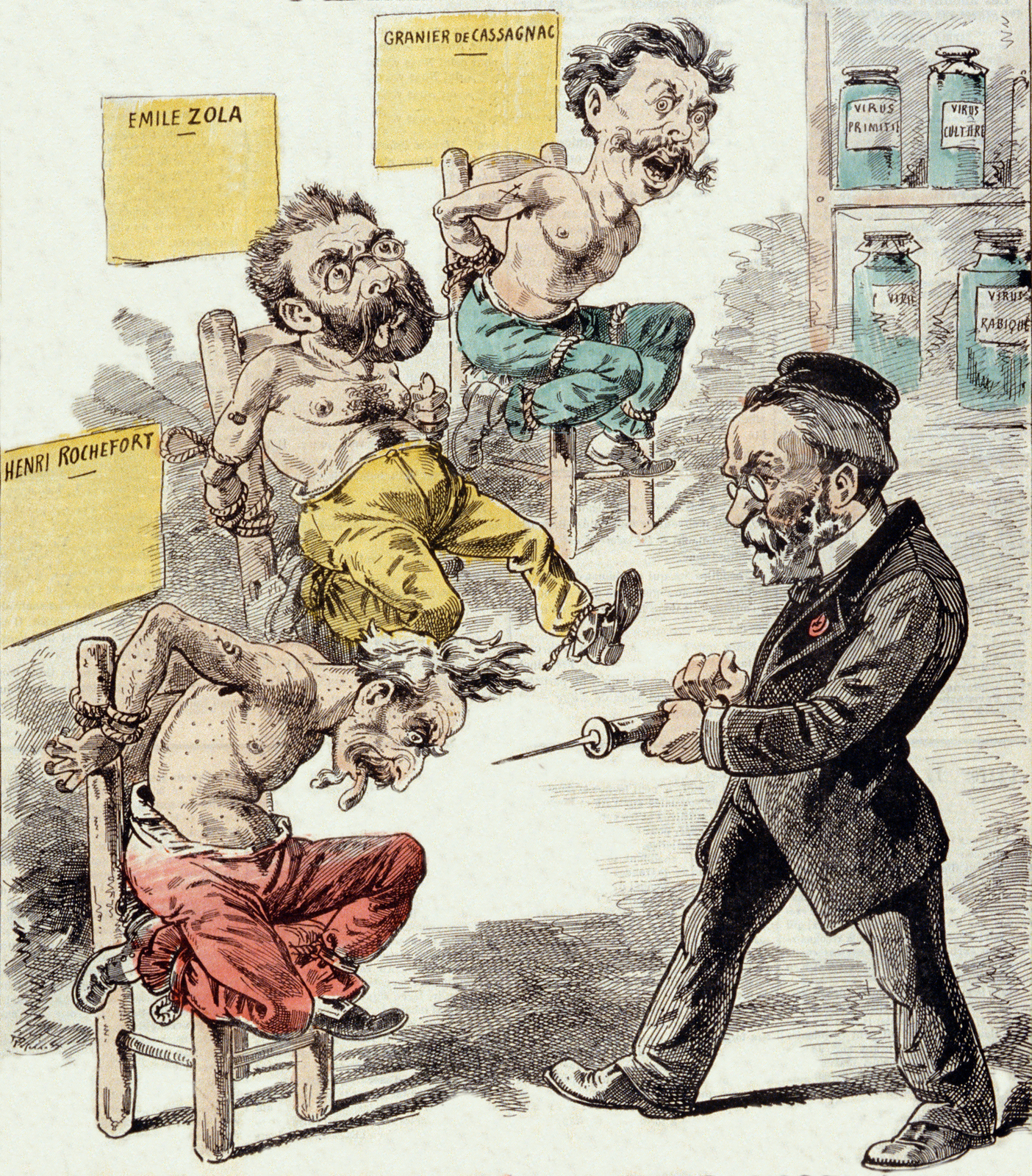 Karykaturalny rysunek przedstawia mężczyznę ze strzykawką idącego w stronę trzech półnagich mężczyzn przywiązanych do krzeseł. Za krzesłami znajdują się tabliczki z imionami i nazwiskami.