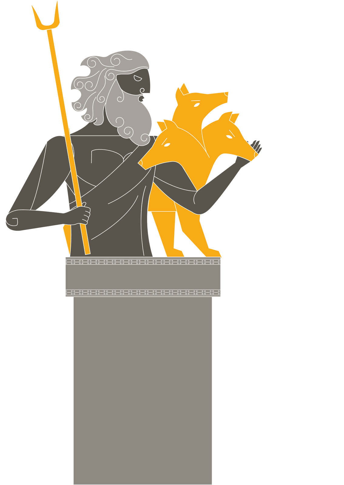 Rysunek popiersia mężczyzny z profilu na postumencie. Nosi długą brodę, w prawej dłoni trzyma złote widły o dwóch ostrzach, lewą ręką głaska zaś trójgłowego, złotego psa - Cerbera - stojącego na postumencie. 