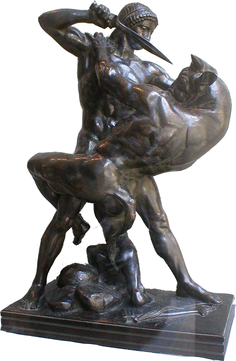 Zdjęcie przedstawia mosiężną figurkę mężczyzny walczącego z bykiem. Mężczyzna trzyma w rękach sztylet.