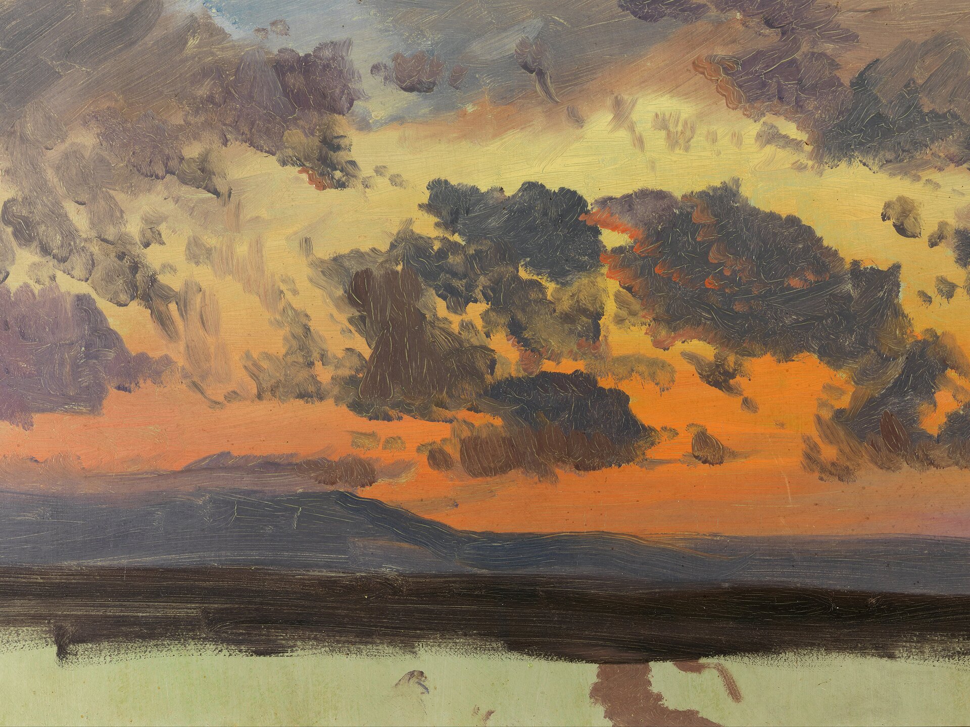 Obraz przedstawia niemal na całej powierzchni chmury zaraz po zachodzie słońca, odbijające się w wodzie. W dolnej partii obrazu wąski pas ciepłej zielonkawej bieli papieru z jasnobrązową plamą na prawo od środka. Nad nim położone ciemnobrązową farbą poziome pociągnięcia pędzla. Ponad nimi szaro‑fioletowe pasmo szersze z lewej strony, które może przedstawiać góry lub ułożone w ten sposób chmury na horyzoncie. Od jednej czwartej wysokości obrazu, licząc od jego dołu, rozpoczyna się rozświetlone niewidocznym słońcem niebo. Przy horyzoncie pomarańczowe, wyżej rozjaśnia się do żółci, by przy górnej krawędzi obrazu przybrać barwę szaro‑błękitną. Na tym tle postrzępione obłoki na środku obrazu i w prawo od niego do krawędzi malowane ciemnymi brązami i ciemnoszarymi błękitami. Krawędzie chmur po prawej stronie gdzieniegdzie podkreśla czerwone światło. Po lewej stronie i przy górnej krawędzi obrazu obłokom malarz nadał jaśniejsze barwy, szarobrązowe i miejscami rudawe.