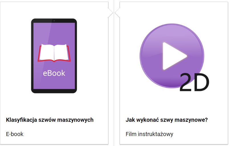 Grafika przedstawia fragment spisu treści, który ma formę prostokątnych ramek, znajdujących się po obu stronach prostej, pionowej linii. Pośrodku lewej ramki rysunek przedstawiający tablet z książką i napisem eBook. Poniżej tytuł: Klasyfikacja szwów maszynowych. E‑book. Pośrodku prawej ramki ikona trójkąta w kole i napis 2D. Poniżej tytuł: Jak wykonać szwy maszynowe? Film instruktażowy.
