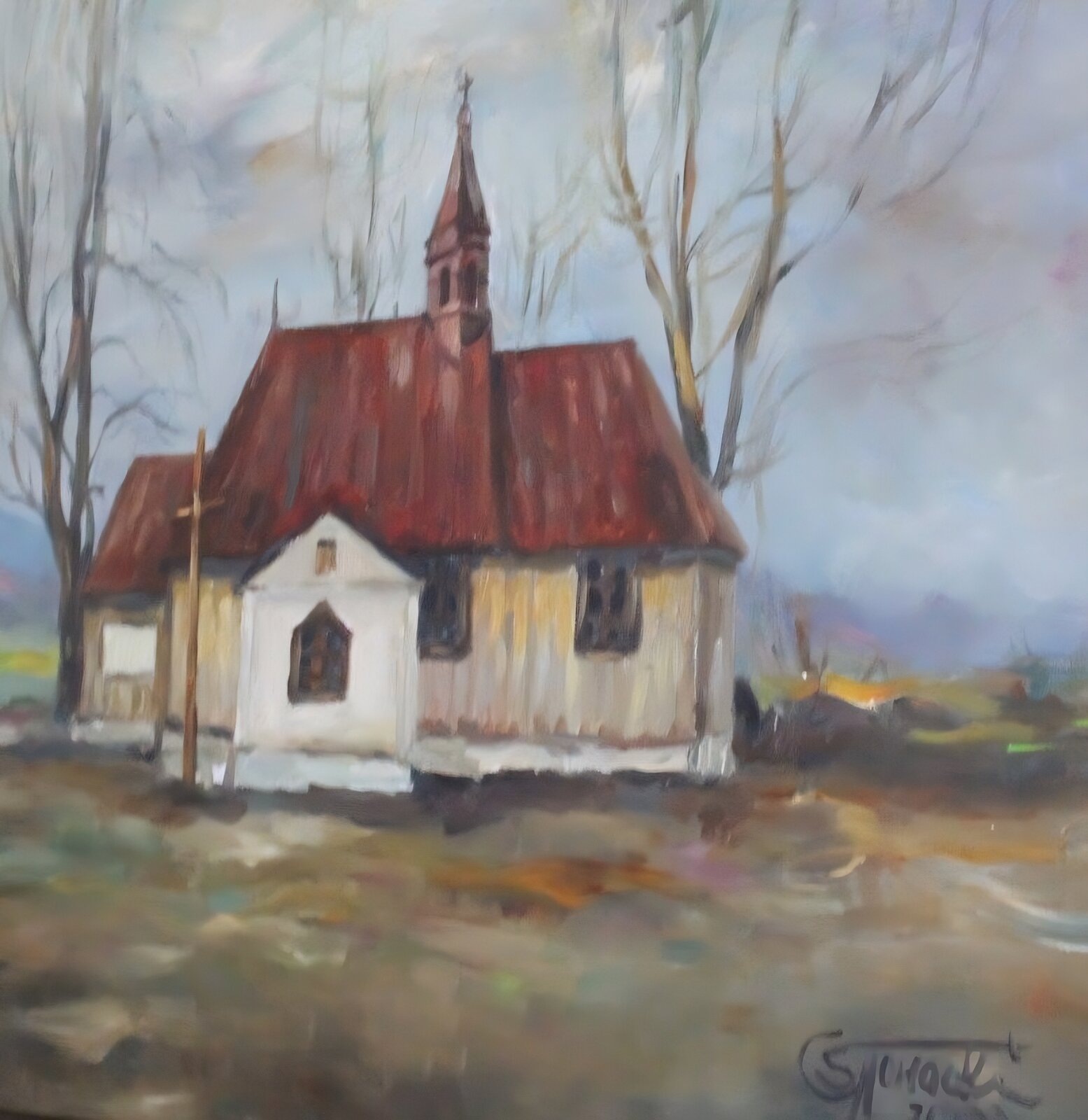 Ilustracja przedstawia drewniany kościół z czerwonym dachem, na czubku którego znajduje się wieżyczka zakończona krzyżem. Obok kościoła stoi drewniany krzyż. Wokół kościoła widoczne są kolorowe trawy. Za kościołem rosną drzewa bez liści. Niebo jest błękitne.