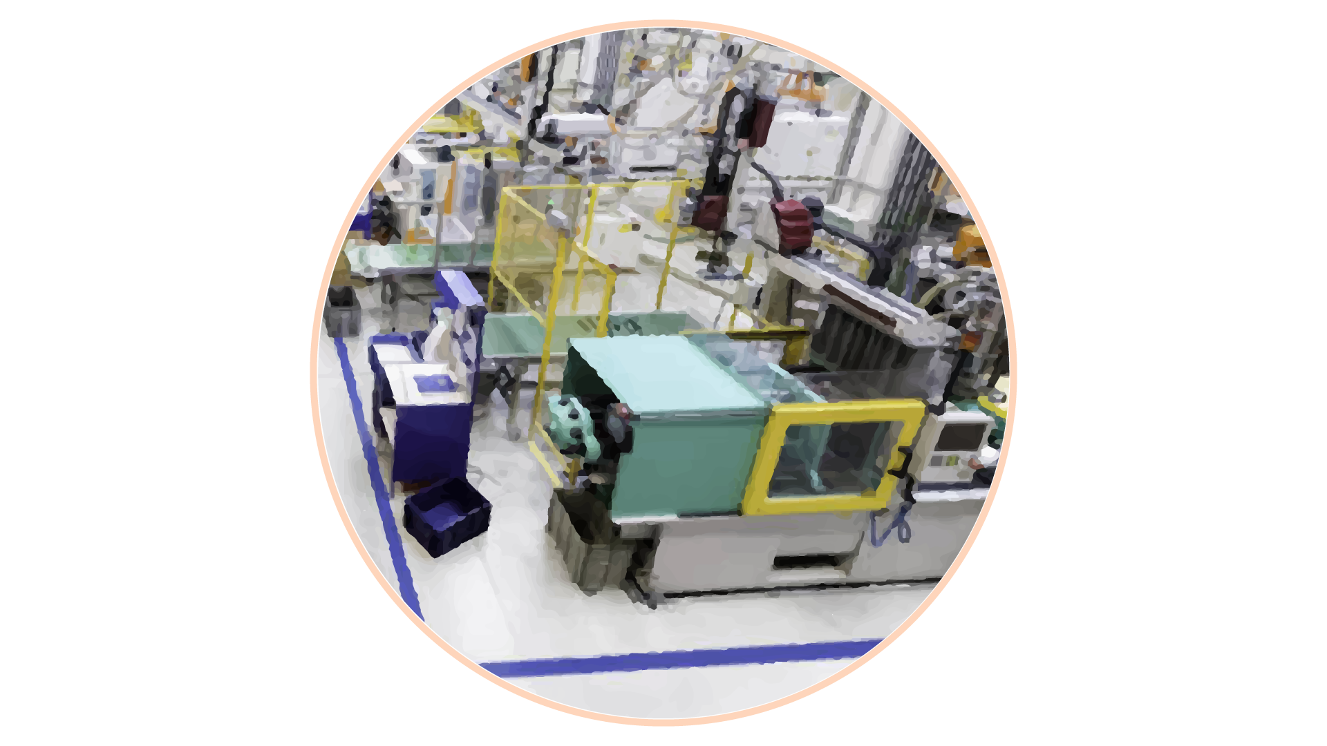 Grafika przedstawia błędnie wykonaną izolację akustyczną maszyny przemysłowej - niepełną obudowę dźwiękochłonną. Grafika zawiera wnętrze hali produkcyjnej z maszyną, która posiada jedynie przezroczystą zasłonę dźwiękochłonną.