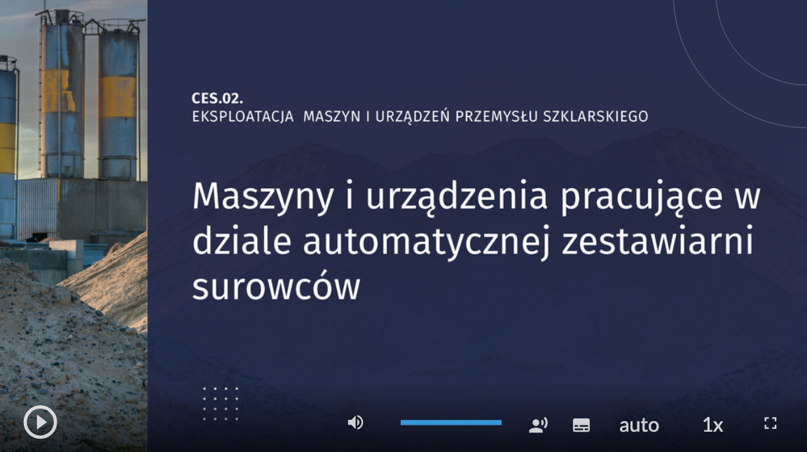 Nagranie filmowe pod tytułem Eksploatacja maszyn i urządzeń przemysłu szklarskiego. Maszyny i urządzenia pracujące w dziale automatycznej zestawiarni surowców.