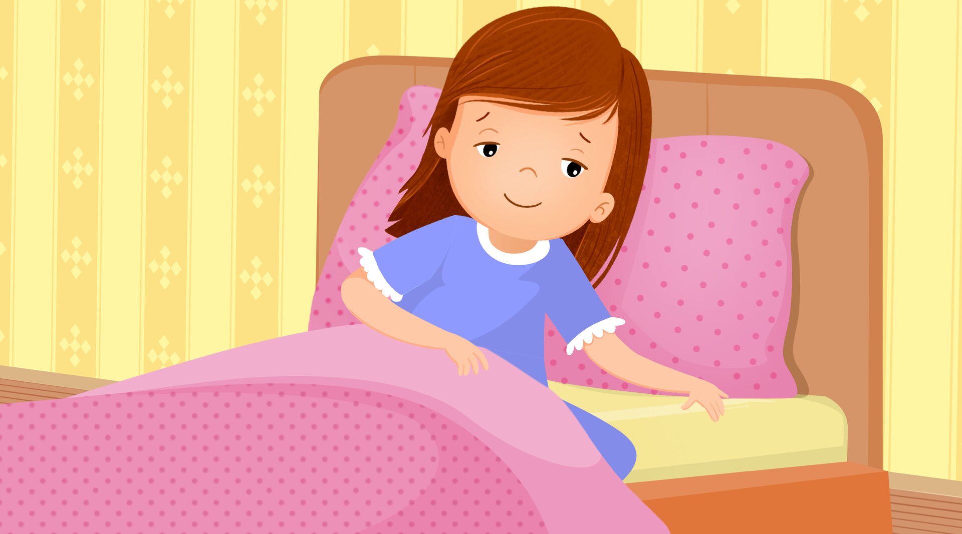Na ilustracji znajduje się Klara, która kładzie się spać.