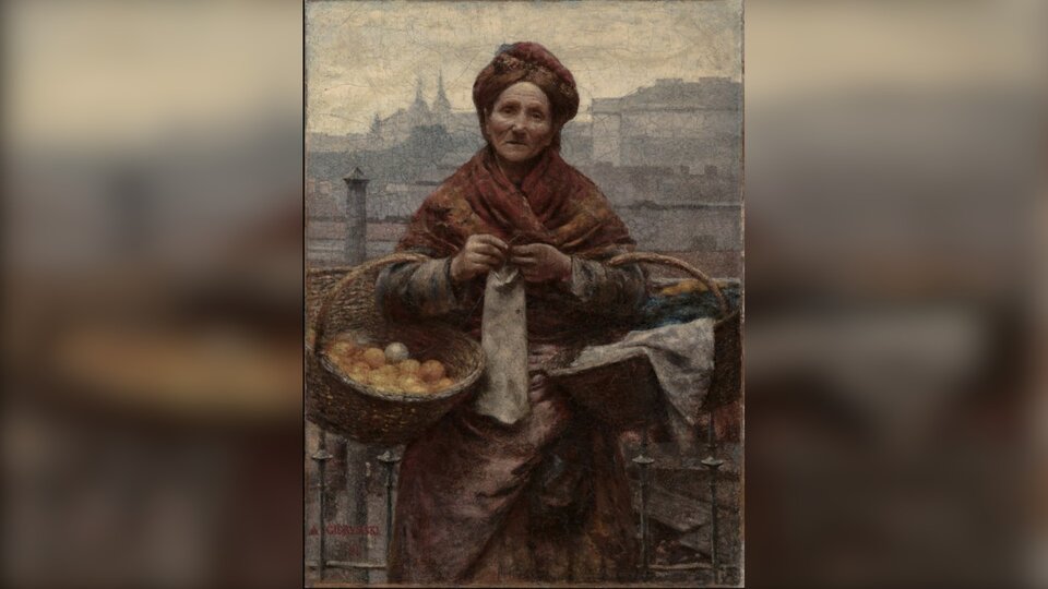 Obraz przedstawia starą przekupkę z dwoma koszami pomarańczy, zawieszonymi na jej przedramionach. Twarz kobiety jest zmęczona, smutna. Kobieta ubrana jest w zniszczone ubrania, na ramionach ma chustę. Za plecami kobiety widać panoramę Warszawy.