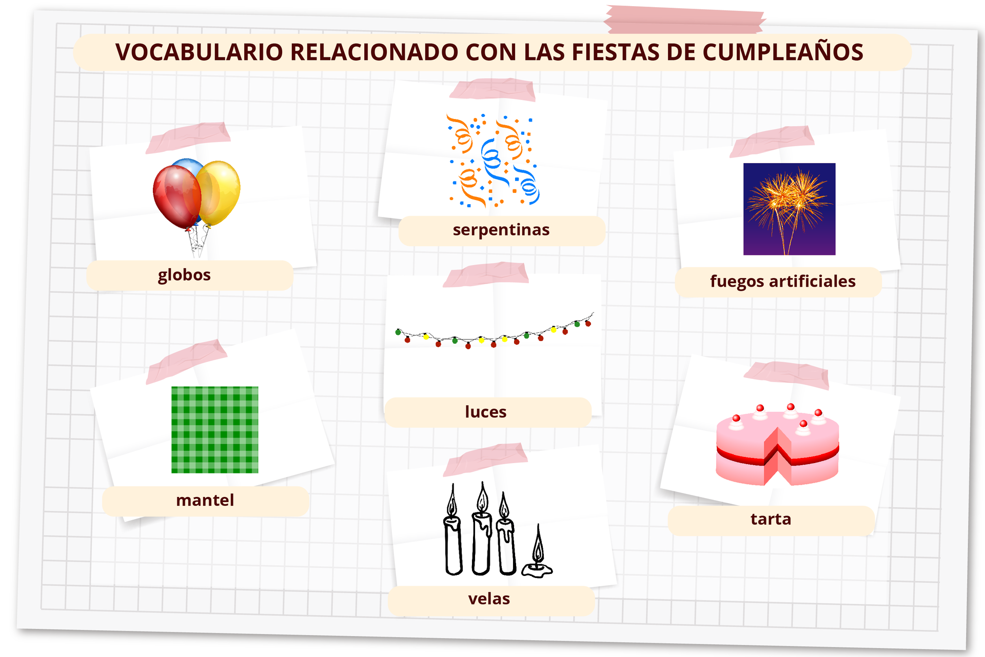 Grafika zatytułowana VOCABULARIO RELACIONADO CON LAS FIESTAS DE CUMPLEAÑOS zawiera siedem ilustracji z podpisami. Na pierwszej są kolorowe balony, podpis: globos. Na drugiej są kolorowe serpentyny, podpis: serpentinas. Na trzeciej są zimne ognie, podpis: fuegos artificiales. Na czwartej jest kwadrat wypełniony wzorem w ciemno i jasno zieloną kratę, podpis: mantel. Na kolejnej są kolorowe lampki na łańcuchu, podpis: luces. Na następnym jest różowy tort, podpis: tarta. Na ostatnim są świece, podpis: velas.
