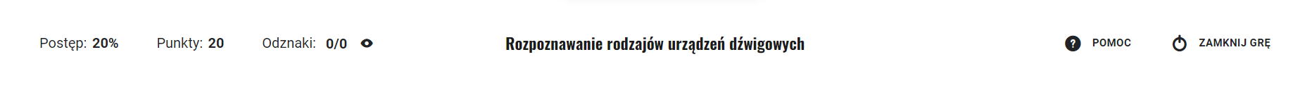 Widok opcji gry oraz jej tytułu. Od lewej znajdują się opcje: postęp, punkty, odznaki, pomoc oraz zakończ grę.