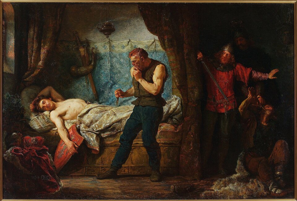 Na obrazie przedstawione jest pięć postaci w pomieszczeniu. Po lewej stronie, w jaśniejszej części pokoju znajduje się śpiący mężczyzna z gołym torsem. Nad nim stoi drugi mężczyzna z nożem w ręce. Za kotarą po prawej stronie, w ciemniejszej części obrazu znajduje się trzech mężczyzn. Jeden z nich siedzi na ziemi przytrzymywany przez drugiego. Obok nich stoi postać z mieczem w prawej dłoni i hełmem na głowie.