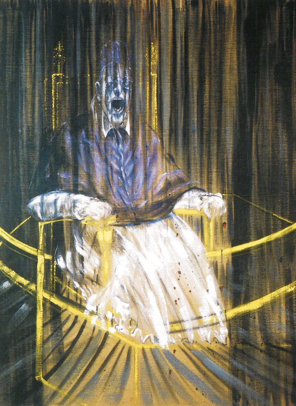 Na obrazie przeważają kolory takie jak niebieski, czarny, biały oraz żółty. Dzieło przedstawia siedzącą postać z otwartą buzią. Postać jest ukazana jako duch mężczyzny w wieku średnim,  najprawdopodobniej papieża Innocentego, która zasiada na rozmazanym tronie. Postać ma na sobie białą szatę, na której zostały rozproszone drobne czerwone plamy, na białą szatę zarzucone zostało niebieskie okrycie.  Cała istota jest otoczona, czymś na wzór żółtych barierek. 