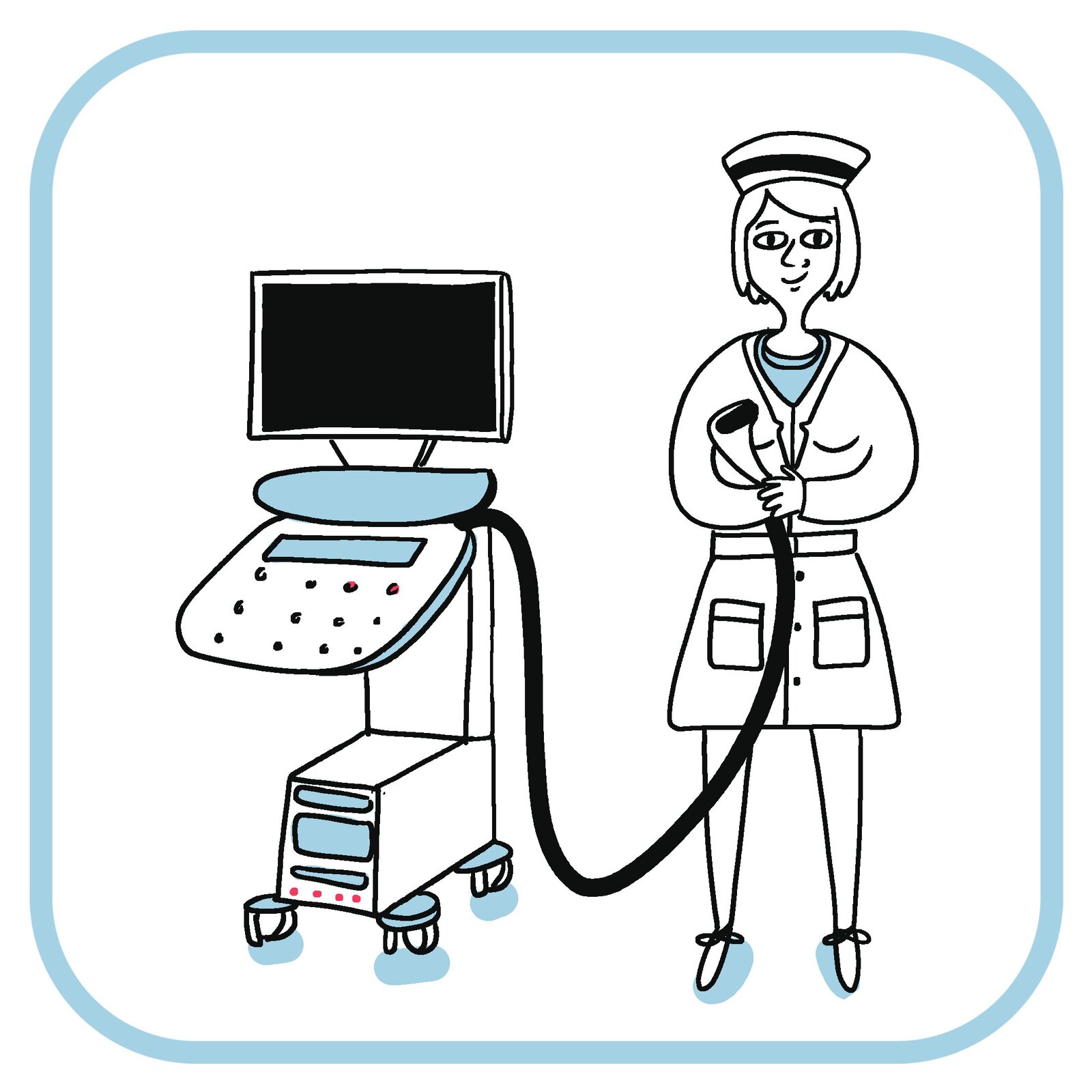 Pielęgniarka trzyma w rękach głowicę USG. Obok niej jest monitor i pozostałe elementy sprzętu.