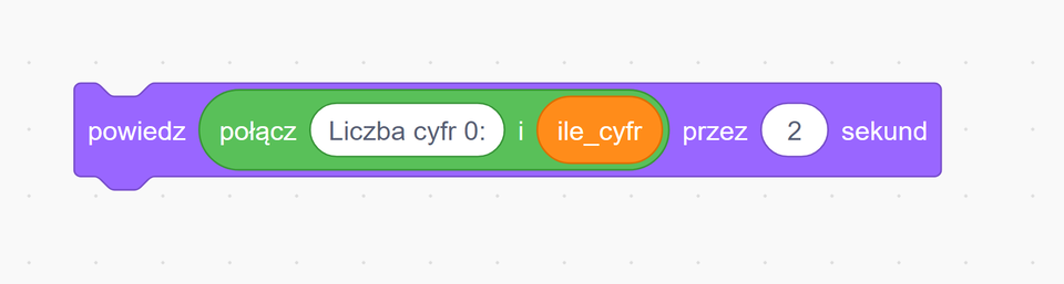 Na grafice znajduje się blok programu w języku wizualnym Scratch. Blok jest fioletowy i zawiera polecenie: „powiedz połącz Liczba cyfr 0: i ile_cyfr przez 2 sekundy”. Oznacza to, że po uruchomieniu skryptu postać na scenie wyświetli na dymku tekst „Liczba cyfr 0:” połączony z wartością zmiennej „ile_cyfr” przez 2 sekundy.