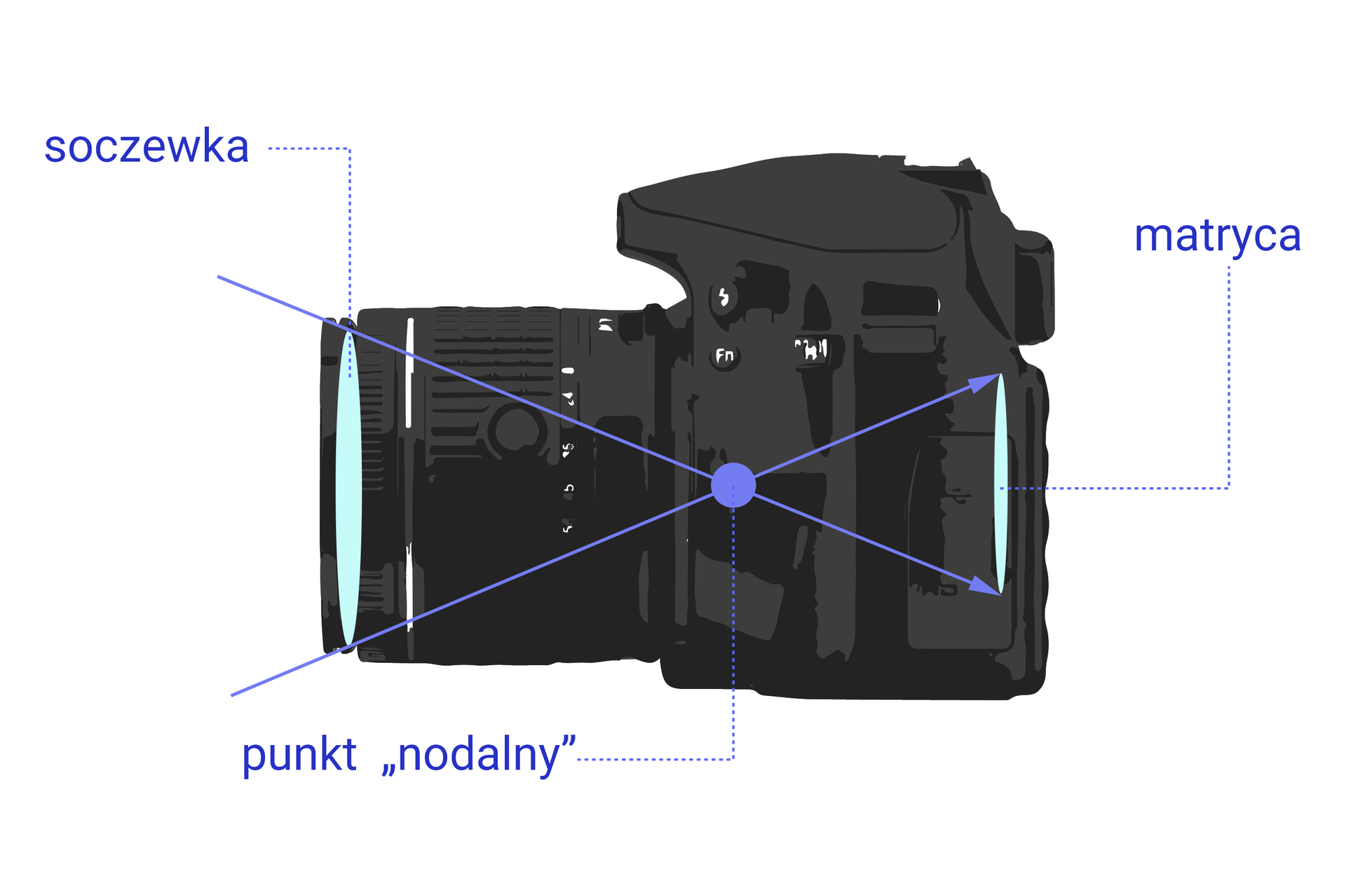 Na grafice zaznaczono punkt nodalny w aparacie fotograficznym. Znajduje się on mniej więcej w części centralnej, pomiędzy soczewką a matrycą.