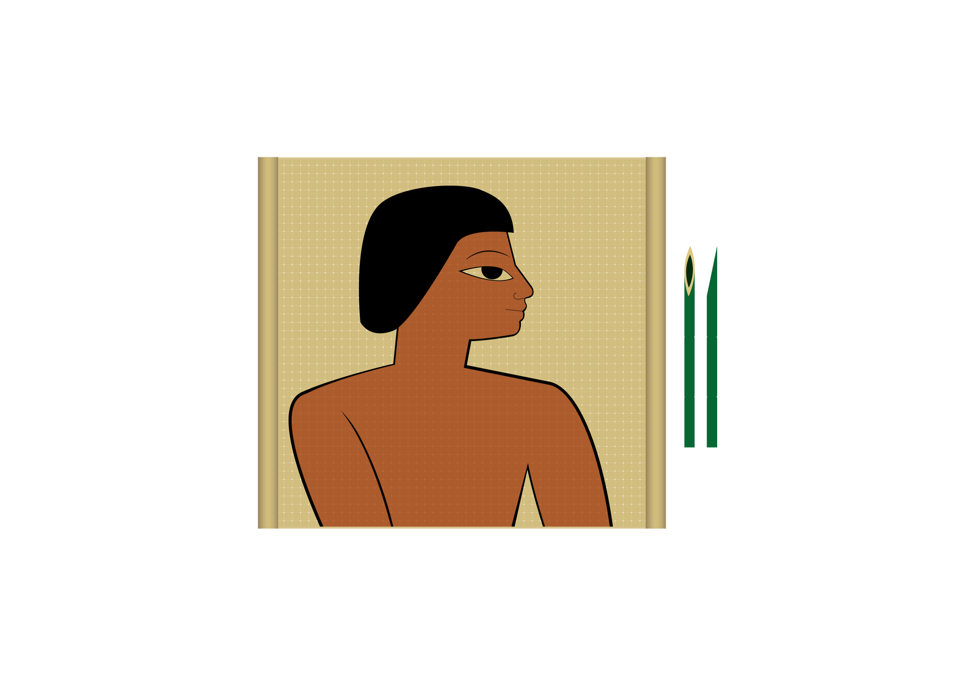 Na ilustracji jest zwój papirusu, na którym namalowane jest zdjęcie portretowe Egipcjanina. Po prawej stronie leżą dwie łodygi papirusu.