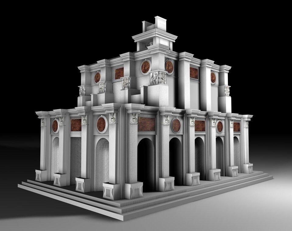 Trójwymiarowa wizualizacja monumentalnego, wielokondygnacyjnego mauzoleum w stylu renesansowym. Budowla ma masywną, symetryczną formę z kolumnami, arkadami i gzymsami ustawionymi na szerokim, schodkowym podium. Na elewacjach widoczne są nisze z rzeźbami postaci, okrągłe medaliony oraz prostokątne płyty dekoracyjne w kontrastującym, ciemniejszym kolorze. Całość utrzymana jest w jasnej, marmurowej tonacji i przedstawiona na czarnym tle, jak model architektoniczny.