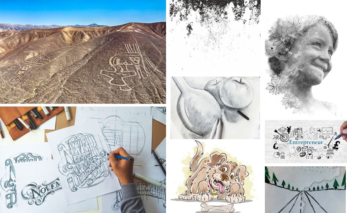 Ilustracja przedstawia fotkolaż składający się z ośmiu różnego rodzaju rysunków wykonanych różnymi technikami. Są to: dwa rysunki projektanta graficznego, rysunek lawowany z książeczki dla dzieci, rysunek połączony z fotografią, rysunek wykonany przez ucznia techniką mieszaną, szkic ołówkiem martwej natury, rysunek tuszem za pomocą punktów, rysunek na zboczach górskich. Fotografie ułożone są w dwóch poziomych rzędach.