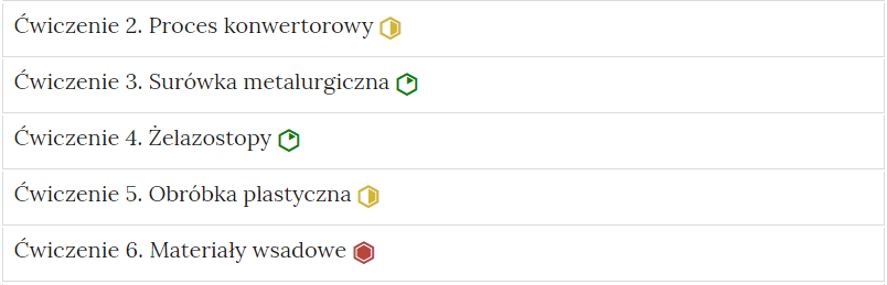 Zrzut ekranu przedstawia fragment harmonii z ćwiczeniami interaktywnymi. Składa się ona z zakładek w formie poziomych pasków jeden pod drugim. Na każdym pasku znajduje się numer ćwiczenia i tytuł odnoszący się do partii materiału, której dotyczy oraz z poziomu trudności. Ćwiczenie trzy. Typy chwytaków. poziom łatwy. Ćwiczenie cztery. Konwektor. poziom łatwy. Ćwiczenie pięć. konwektor Bessemara. poziom średni. Ćwiczenie sześć. Obróbka cieplna materiałów. poziom trudny. Ćwiczenie siedem. kształtowanie metalu. poziom siódmy.