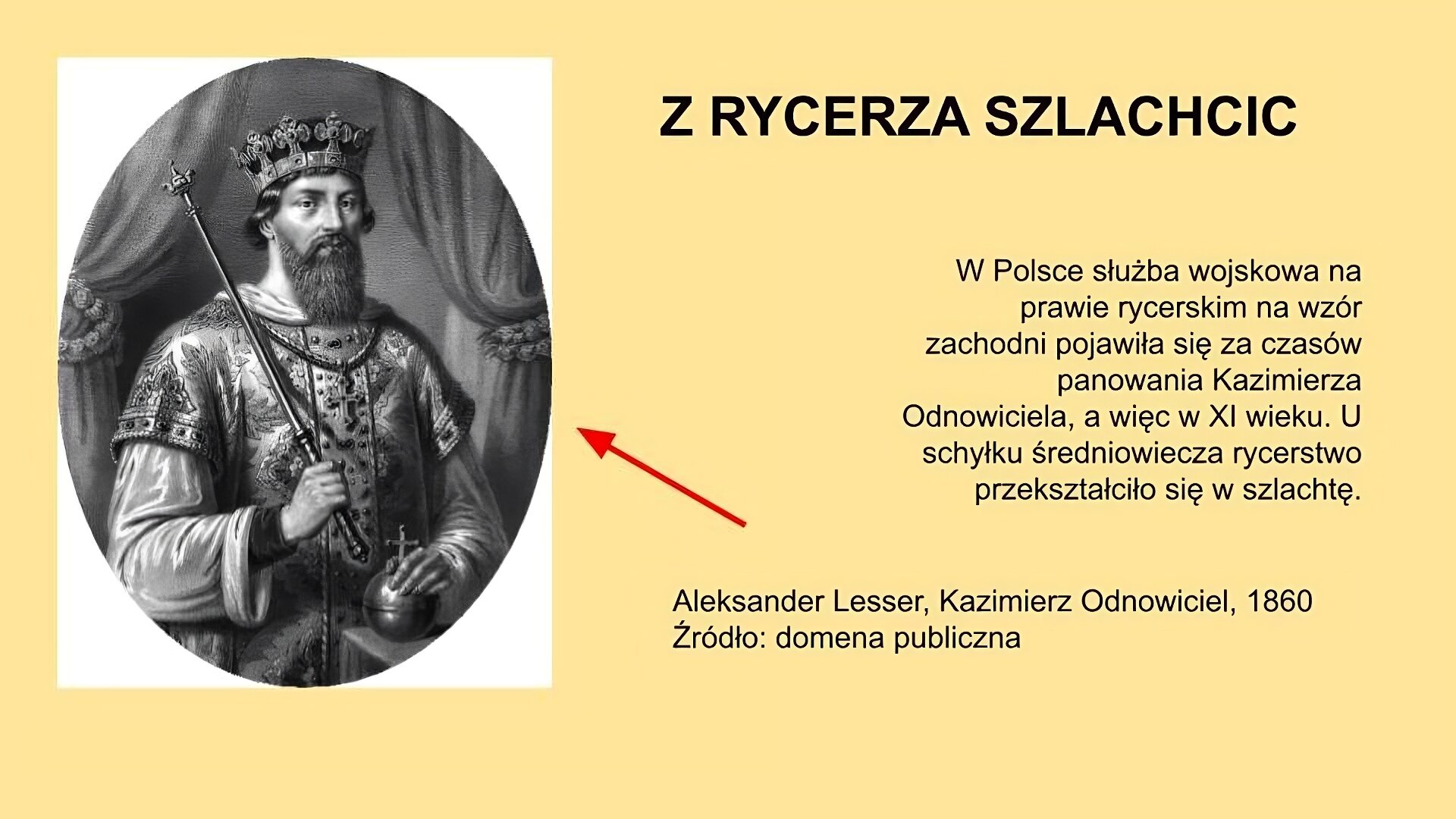 Slajd, na nim tytuł: Z rycerza szlachcic, umieszczony na górnej części slajdu. Z lewej ilustracja.  Rycina przedstawia polskiego księcia Kazimierza Odnowiciela. Książę został przedstawiony jako mężczyzna w średnim wieku z brodą zakrywającą część twarzy i szyję. Książę ma na głowie koronę. W lewym ręku trzyma jabłko a w prawym berło. Ubrany jest w bogato zdobione szaty monarsze. Podpis do ilustracji: Kazimierz Odnowiciel, źródło: domena publiczna. Od podpisu w kierunku ilustracji odchodzi czerwona strzałka. Pod tytułem napis: W Polsce służba wojskowa na prawie rycerskim na wzór zachodni pojawiła się za czasów panowania Kazimierza Odnowiciela, a więc w XI wieku. U schyłku średniowiecza rycerstwo przekształciło się w szlachtę.
