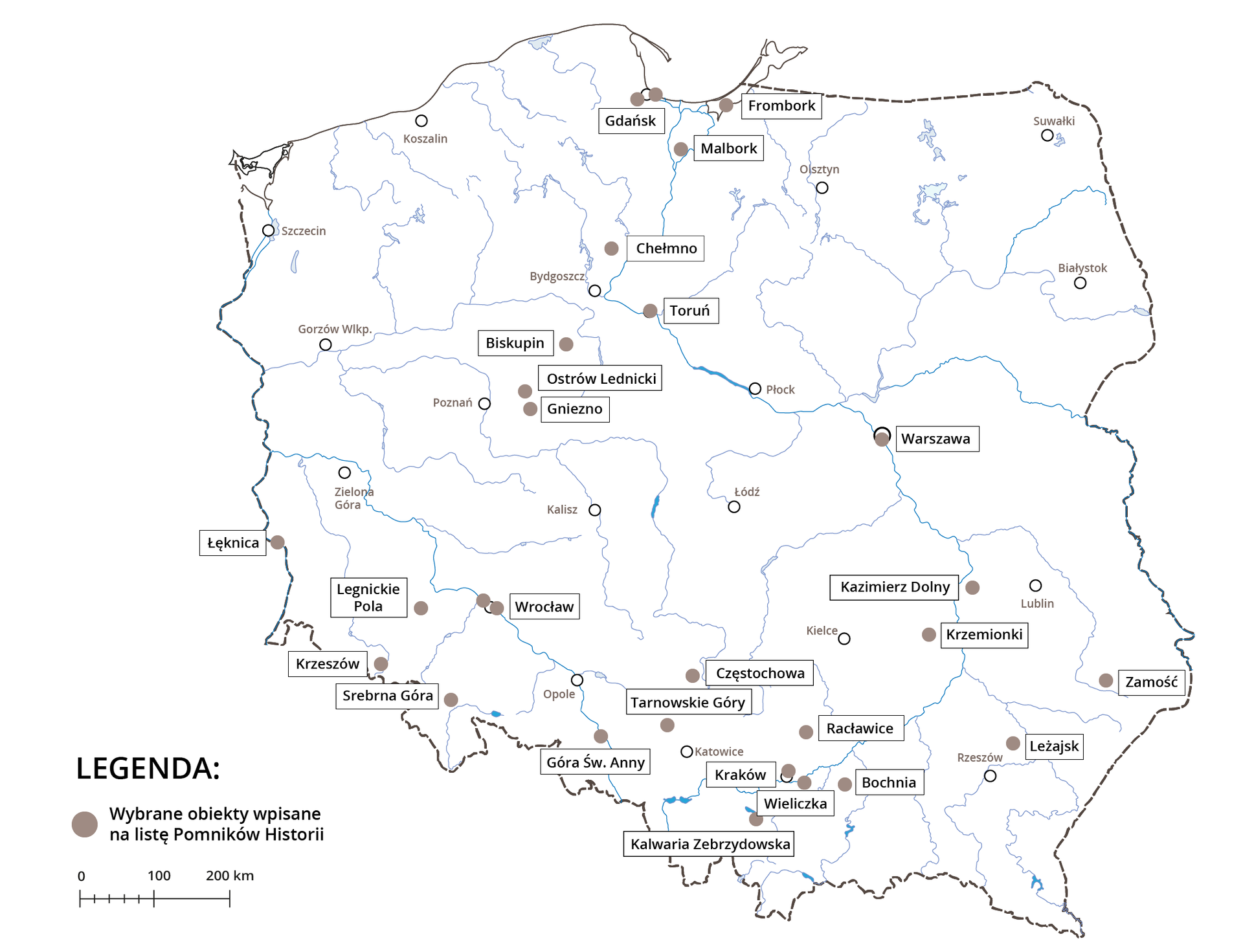 Na mapie Polski zaznaczono miejscowości, w których są wybrane obiekty wpisane na listę Pomników Historii. Wyróżniamy następujące miejscowości: Frombork, Gdańsk, Malbork, Chełmno, Toruń, Biskupin, Ostrów Lednicki, Gniezno, Warszawa, Kazimierz Dolny, Krzemionki, Wrocław, Legnickie Pola, Łęknica, Krzeszów, Srebrna Góra, Częstochowa, Kazimierz Dolny, Krzemionki, Zamość, Leżajsk, Racławice, Bochnia, Wieliczka, Kraków, Kalwaria Zebrzydowska, Tarnowskie Góry, Góra Świętej Anny.